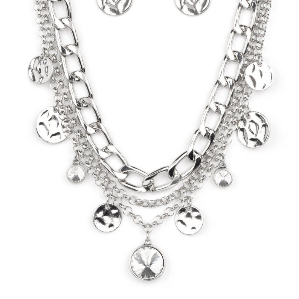 Paparazzi Silver Layered Necklace with Chunky Chains and Charms Industrial Noise